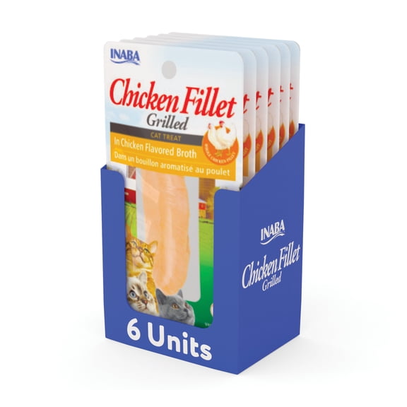 INABA Premium Hand-Cut Grilled Chicken Fillet Cat Treats w Vitamin E, 0.9 oz, 6-Pack, Chicken Broth