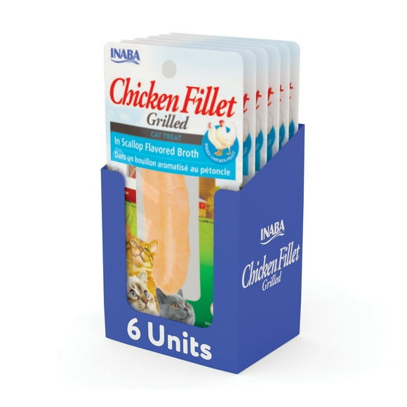 INABA Premium Hand-Cut Grilled Chicken Fillet Cat Treats w Vitamin E, 0.9 oz, 6-Pack, Scallop Broth