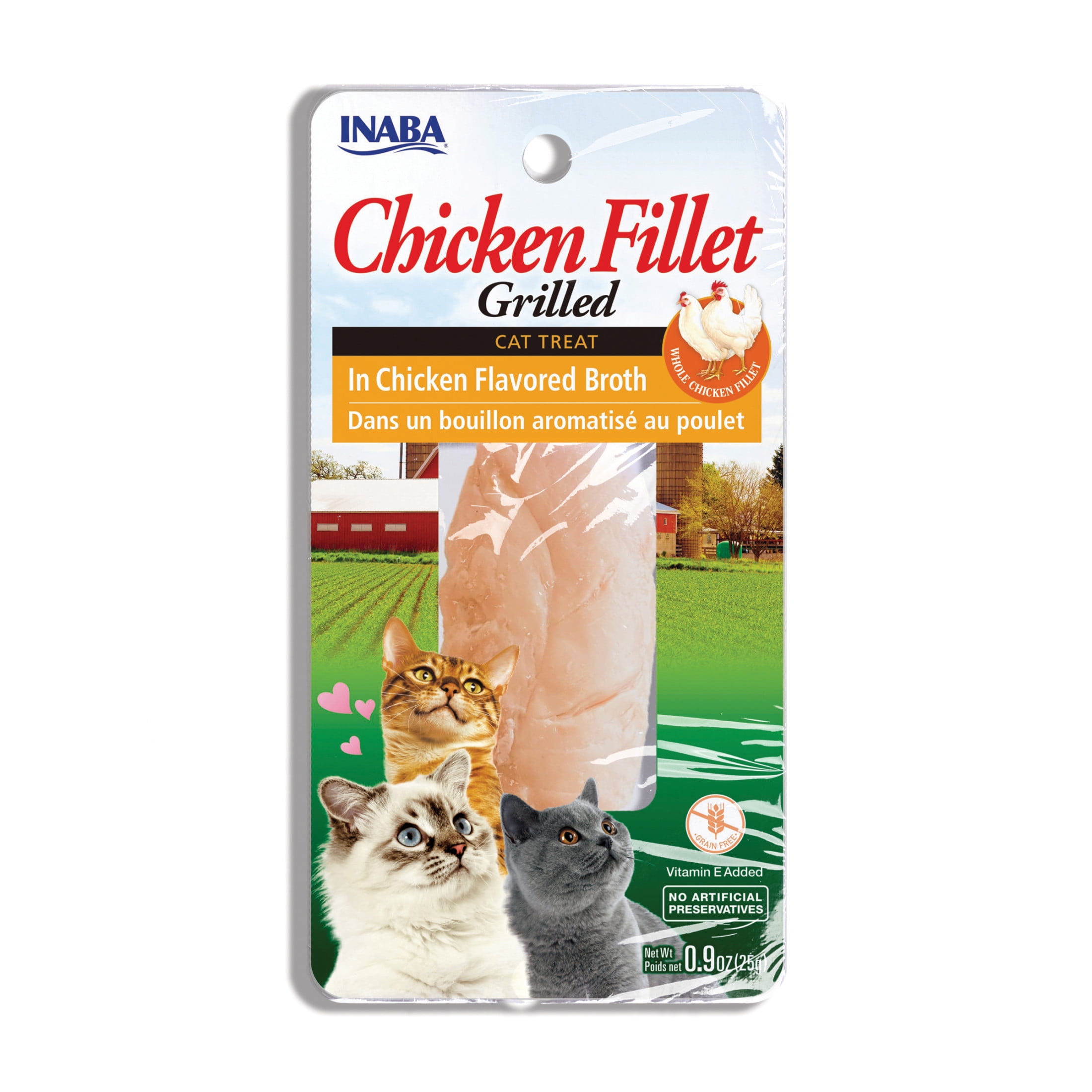 INABA Premium Hand-Cut Grilled Chicken Fillet Cat Treats w Vitamin E, 0.9 oz, Chicken Broth
