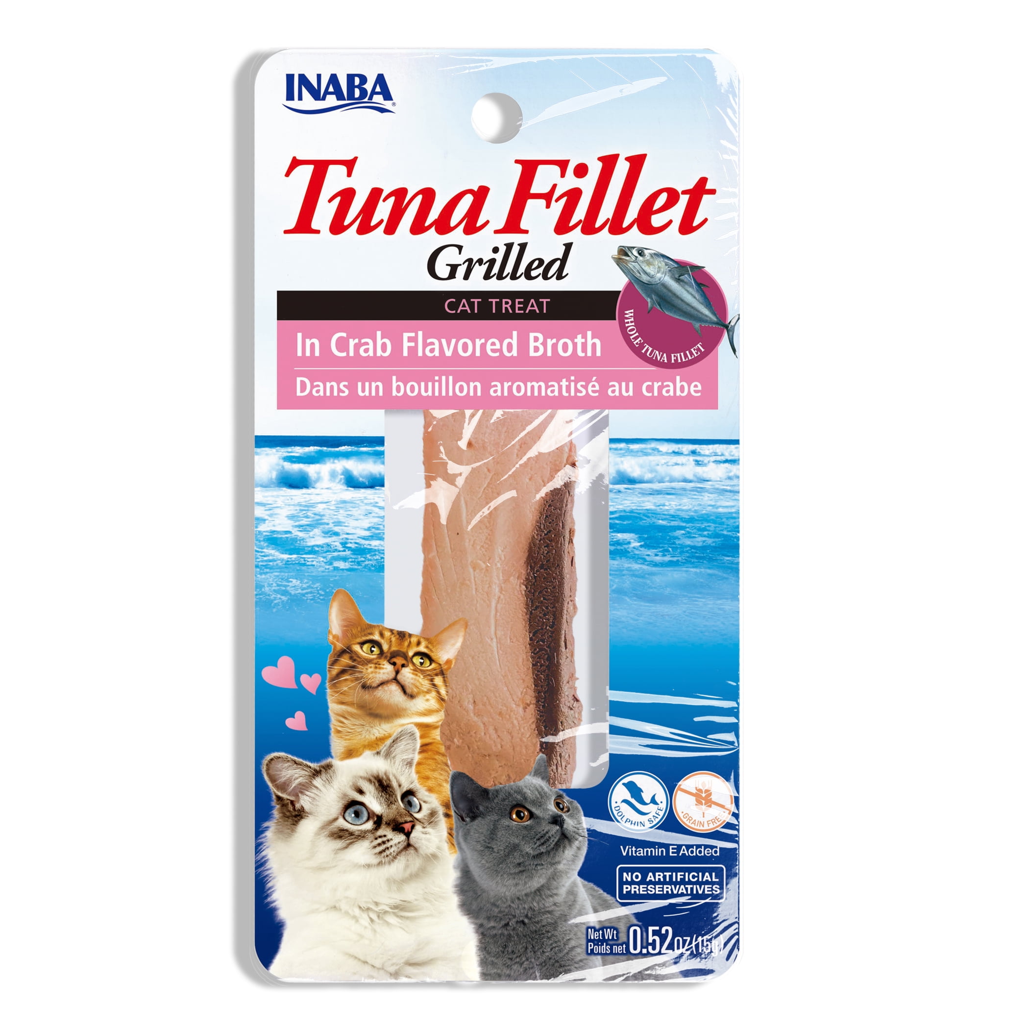 INABA Natural, Premium Hand-Cut Grilled Tuna Fillet Cat Treats/Topper/Complement with Vitamin E and Green Tea Extract, 0.52 Ounces Each, Crab Broth