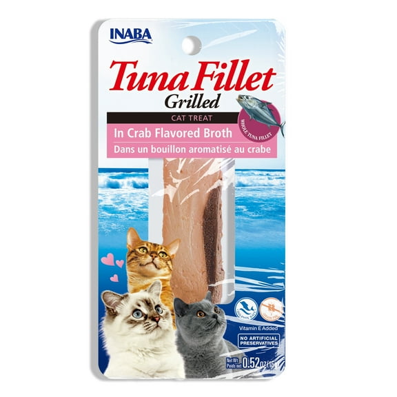 INABA Premium Hand-Cut Grilled Tuna Fillet Cat Treats w Vitamin E, 0.52 oz, Crab Broth