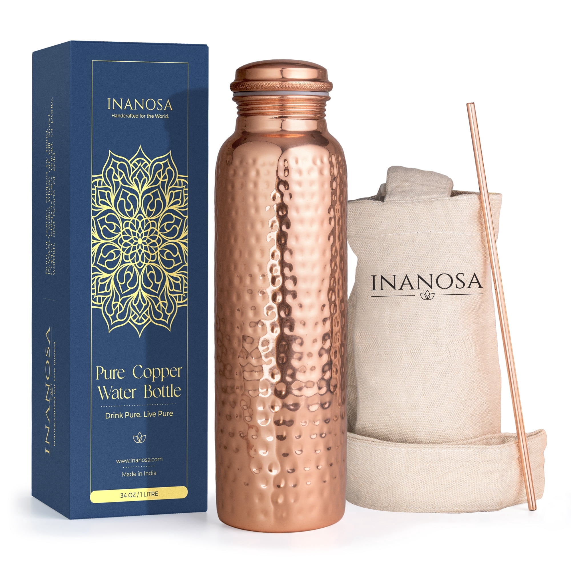 INANOSA 34 oz (1 L) Copper Water Bottle – Pure Copper Metal Bottle with Leakproof Lid – Hammered Finish, Reusable Eco Friendly Bottle for Home, Gym, Office & Travel