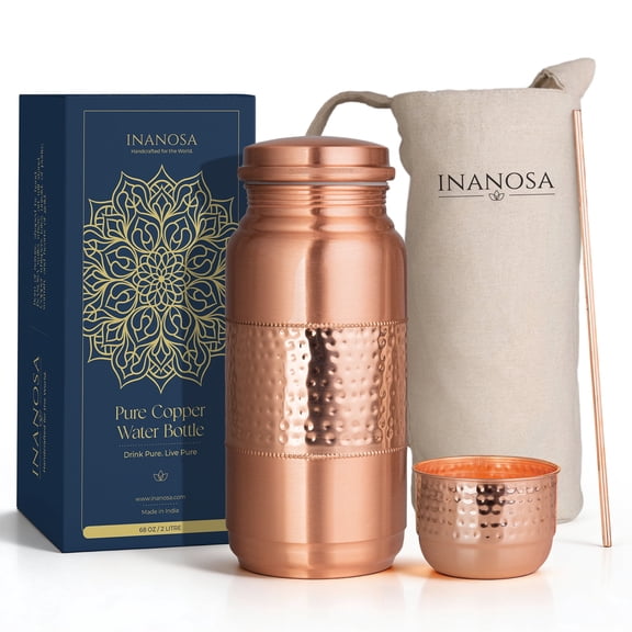 INANOSA 68 oz (2 L) Extra Large Copper Water Bottle with Copper Mug – Pure Copper Jumbo Water Bottle with Leakproof Lid – Hammered Finish, Reusable Eco Friendly Bottle for Home, Gym, Office & Travel