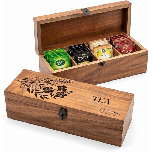 INANOSA Handmade Acacia Wood Tea Organizer, 4 Compartment Tea Caddy Box with engraving (Classic Floral, 4 Compartments)