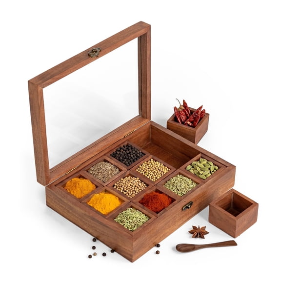 INANOSA Large Acacia Wood Spice Box with 12 Removable Racks - Handcrafted Wooden Seasoning Organizer with Glass Lid, Antique Lock and Spoon - 10.25x7.75 Inch Rectangular Chest