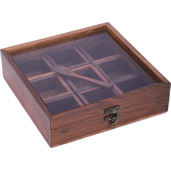 INANOSA Large Acacia Wood Spice Box with 12 Removable Racks - Handcrafted Wooden Seasoning Organizer with Glass Lid, Antique Lock and Spoon - 10.25x7.75 Inch Rectangular Chest