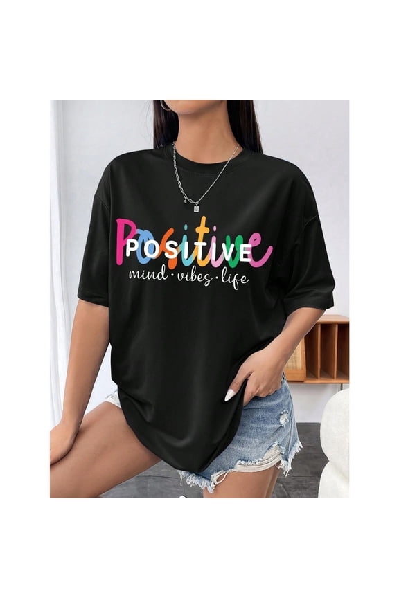 INAWLY Slogan Graphic Drop Shoulder Tee POSITIVE Mind Vibes Life