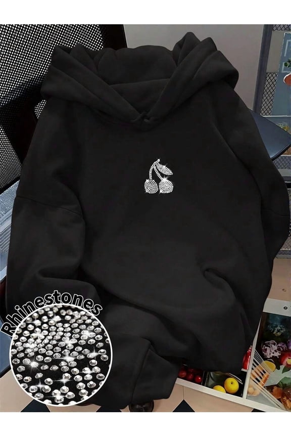 INAWLY Women's Casual Hooded Sweatshirt, Autumn/Winter Fashion, 2026 New Year Crossover, Retro American College Style With Cherry Rhinestone Decor