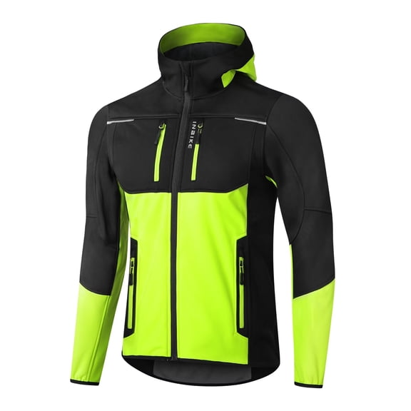 INBIKE Hooded Cycling Bike Jacket Men Running Biking Windbreaker Reflective Windproof Thermal Fleece Lined Bicycle Coat Green Medium