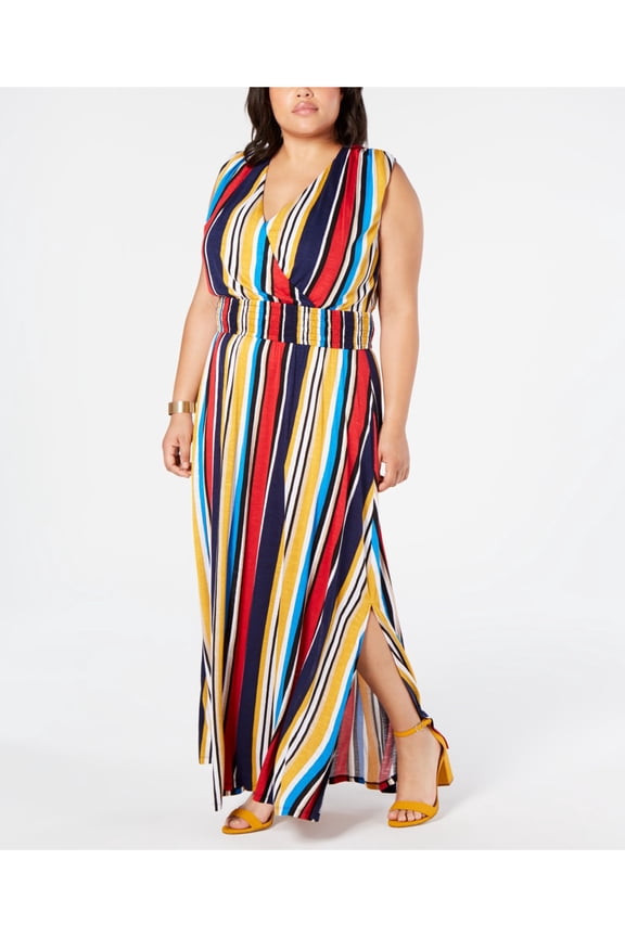 Womens Red Striped Sleeveless V Neck Maxi Sheath Dress Plus Size: 1X