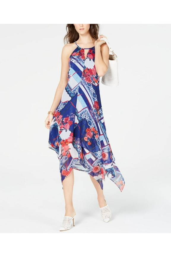 $100 Womens New 0769 Navy Printed Handkerchief Hem Halter Party Dress PP B+B