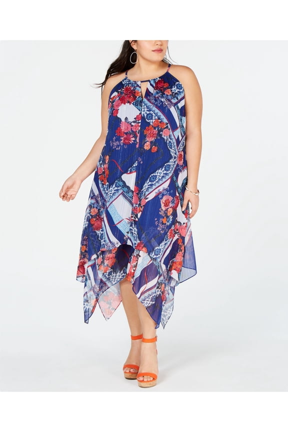 Womens Navy Floral Sleeveless Halter Midi Shift Dress Plus Size: 0X