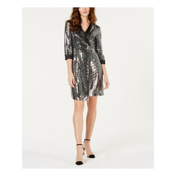 INC $119 Womens New Silver Mirror Ball Blazer V Neck 3/4 Sleeve Dress L B+B