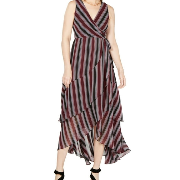 I.N.C Womens High-Low Striped Tiered Dress, Red, 10