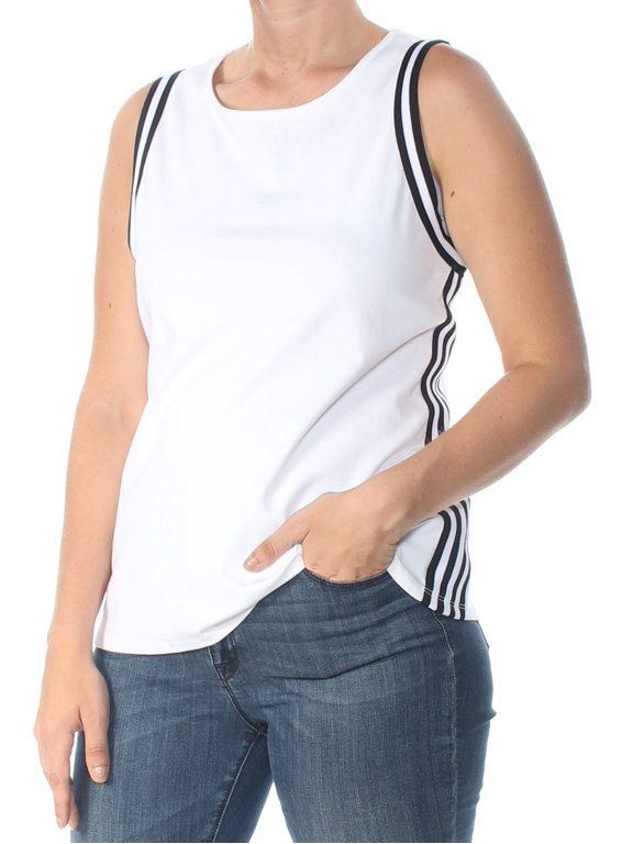 $49 Womens New 1228 White Striped Jewel Neck Sleeveless Top L B+B