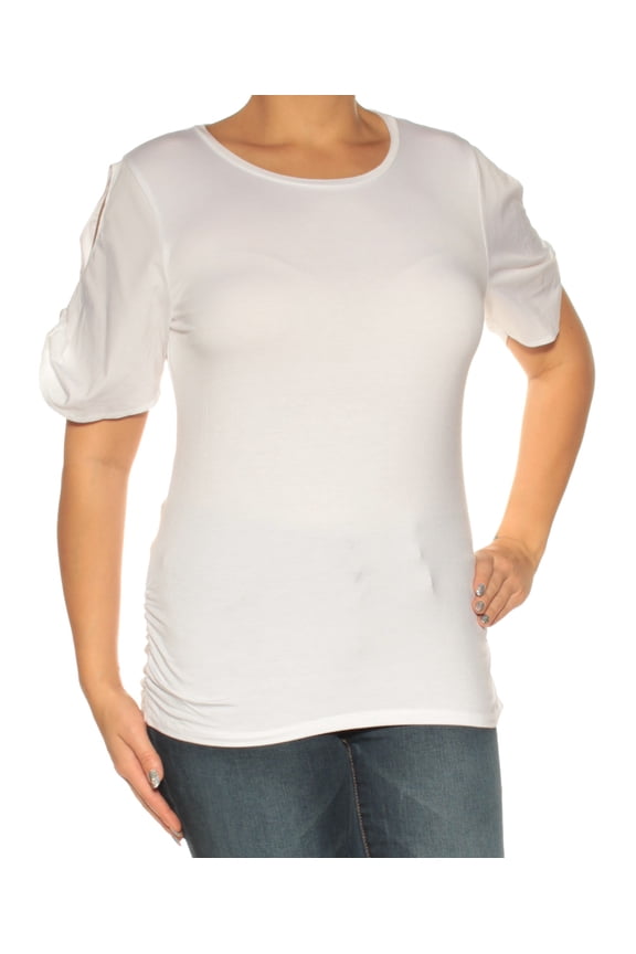 $49 Womens New 1448 White Jewel Neck Short Sleeve Casual Top L B+B