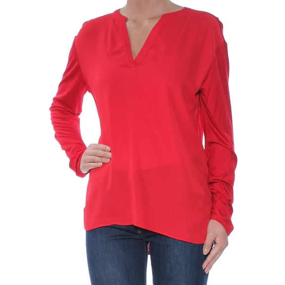 INC $59 Womens New 1510 Red V Neck Long Sleeve Hi-Lo Casual Top XS B+B