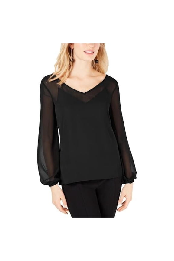 Womens Black Long Sleeve V Neck Blouse Top Size: M