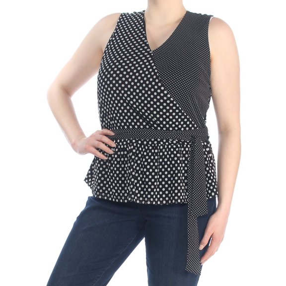 INC $64 Womens New 1072 Black Polka Dot Sleeveless Wrap Wear To Work Top XL B+B