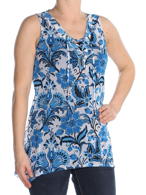 $64 Womens New 1538 Black Floral Lace Up Tank Top XL B+B