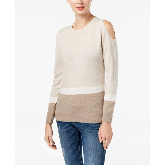 INC $69 Womens New 1027 Beige Color Block Cold Shoulder Sweater XL B+B