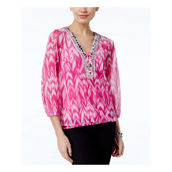 INC $69 Womens New 1128 Pink Chevron Beaded Square Neck Long Sleeve Top M B+B