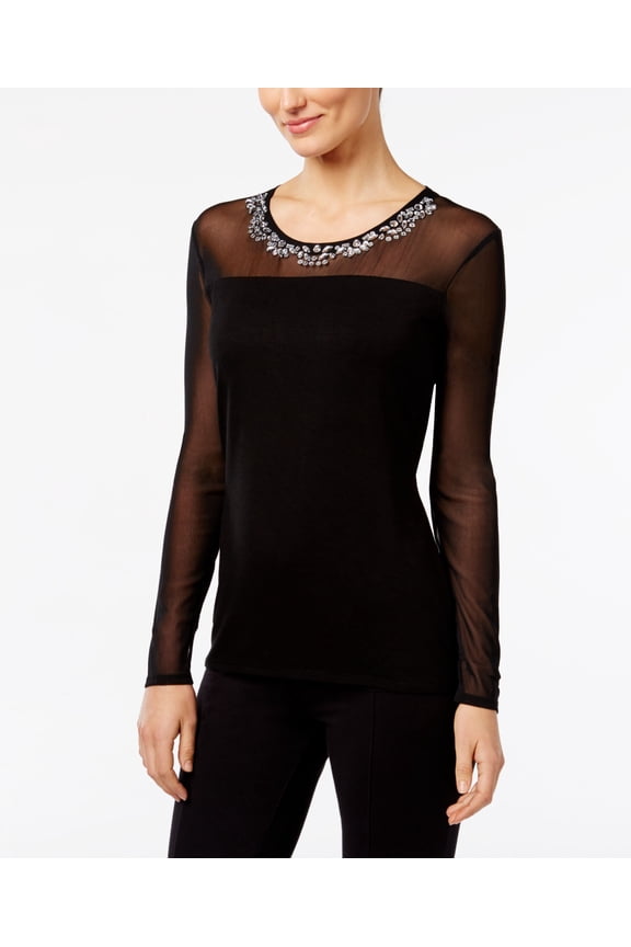 Petite Embellished Illusion Top Black PS