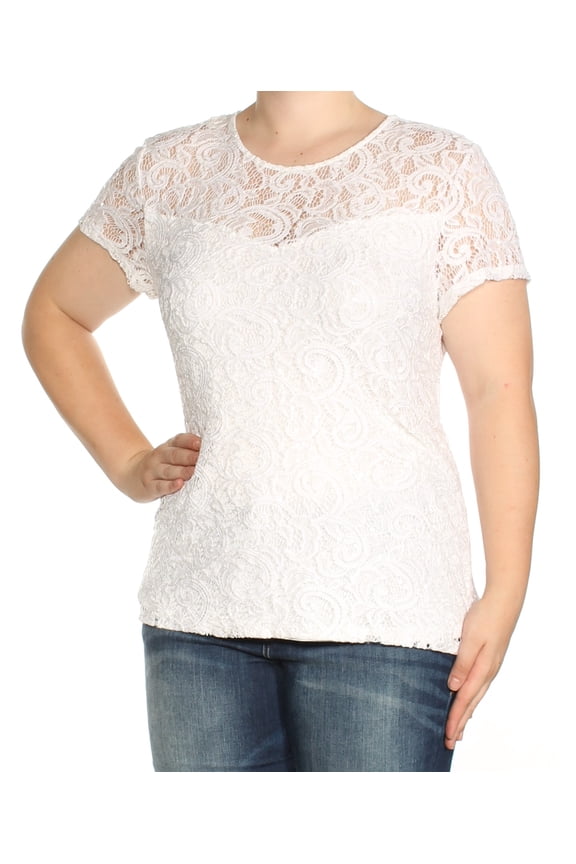 INC $69 Womens New 3448 White Lace Sequined Jewel Neck Short Sleeve Top XL B+B