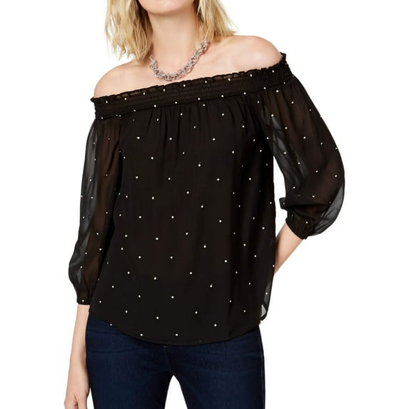 INC $69 Womens New Black Polka Dot Off Shoulder 3/4 Sleeve Top M B+B