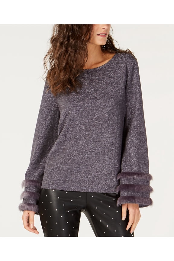 $70 New 0187 Purple Faux Fur Trim Metallic Jewel Neck Top M B+B