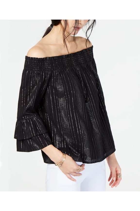 $70 Womens New 0029 Black Metallic Off Shoulder Casual Top XL B+B