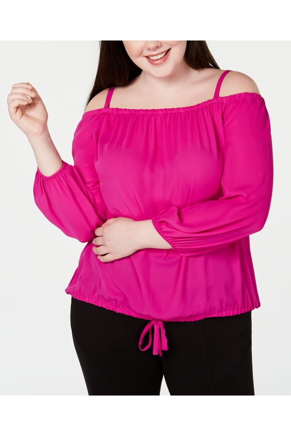 $70 Womens New 0421 Pink Long Sleeve Off Shoulder Casual Top 1X Plus B+B