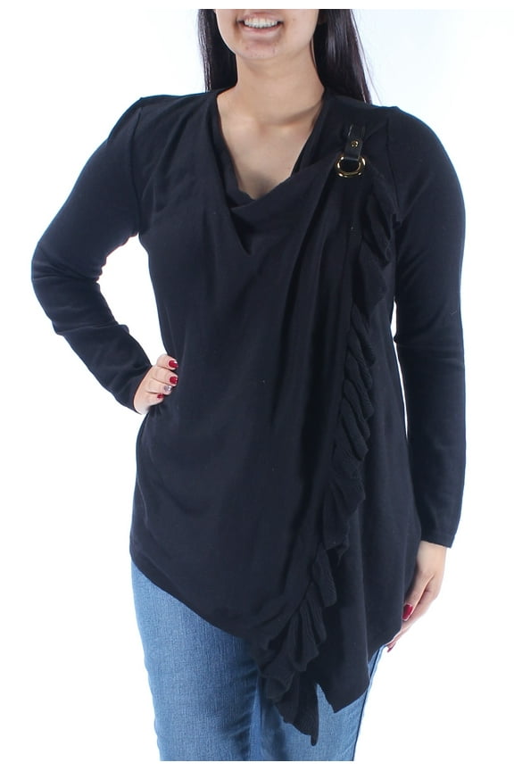 $79 Womens New 1207 Black Ruffled Draped Wrap Sweater L Petites B+B
