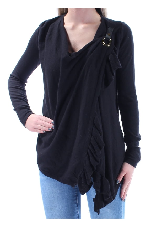 $79 Womens New 1327 Black Ruffled Draped Wrap Sweater XS Petites B+B