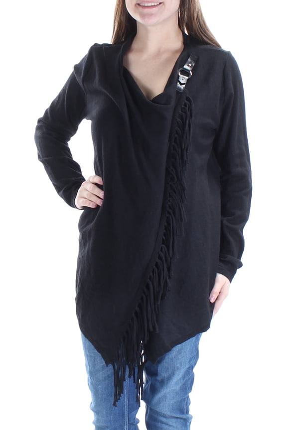 $79 Womens New 1328 Black Fringed Faux Leather Wrap Sweater M B+B