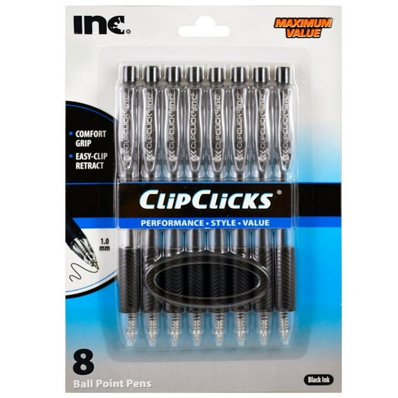 INC 8 CLIP-CLICKS COMFORT GRIP BALL POINT PENS 8 Black Body with Black Ink