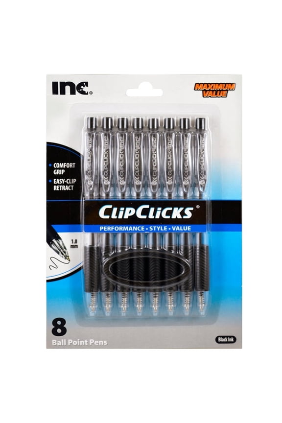 8 CLIP-CLICKS COMFORT GRIP BALL POINT PENS 8 Black Body with Black Ink