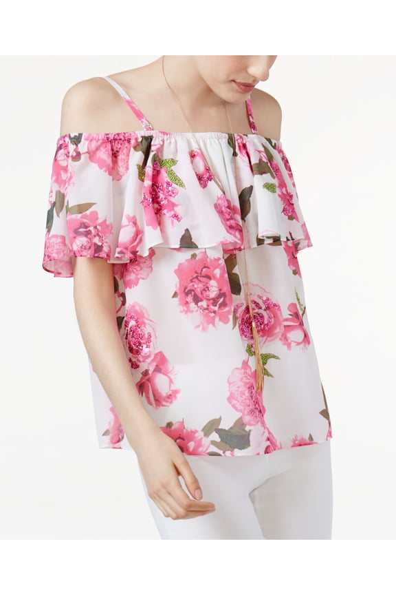 $80 Womens 1062 Pink Off Shoulder Ruffled Spaghetti Strap Casual Top XXL B+B