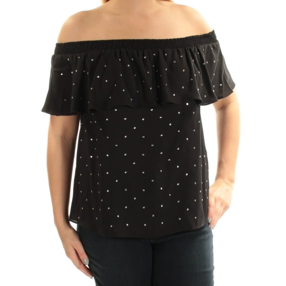 INC $80 Womens New 1026 Black Rhinestone Off Shoulder Top L B+B