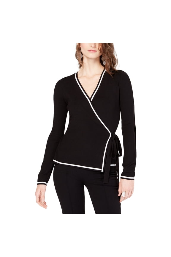 I.N.C Womens Contrast Trim Swing Sweater, Black, Small