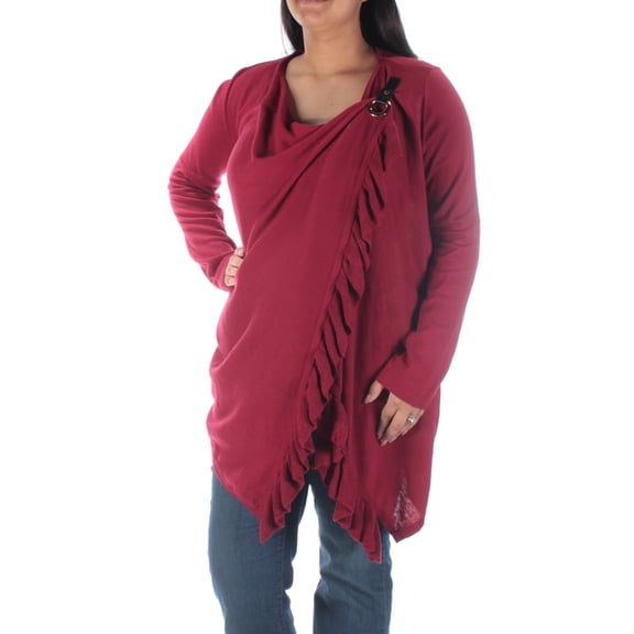 INC $80 Womens New 1273 Red Fringed Long Sleeve Scoop Neck Wrap Sweater M B+B