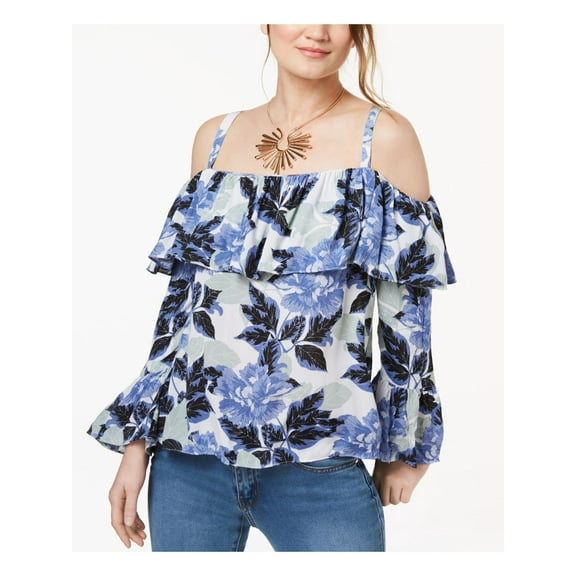 INC $80 Womens New 1300 Blue Printed Cold Shoulder Ruffled Bell Sleeve Top S B+B