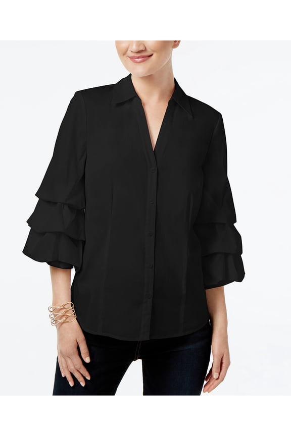 $80 Womens New 1374 Black Ruffled Collared Blouse Top S B+B