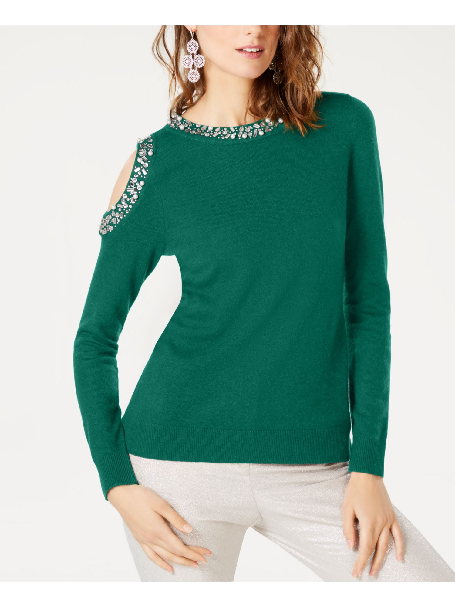 INC 80 Womens New 1557 Green Embellished Cold Shoulder