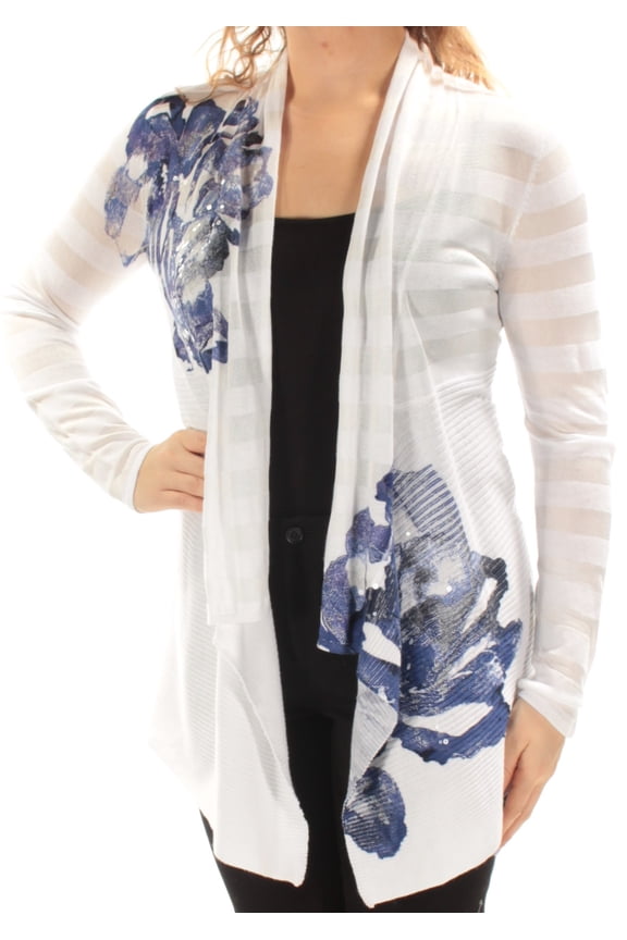 $89 Womens New 1215 White Blue Floral Open Cardigan Long Sleeve Top M B+B
