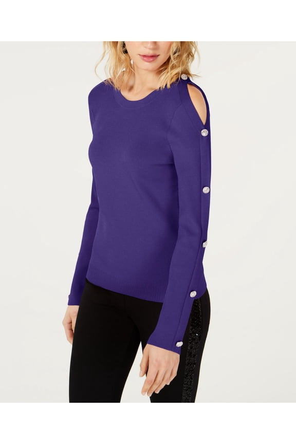 Womens Purple Cold Shoulder Button Long Sleeve Crew Neck Sweater Size: XL