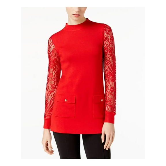 INC $90 Womens New 1687 Red Lace Sleeves Tunic Sweater M B+B