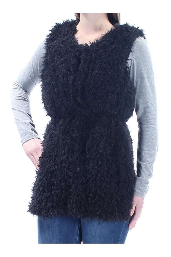 $99 Womens New 1698 Black Faux Fur Jewel Neck Sleeveless Button Up Top M B+B