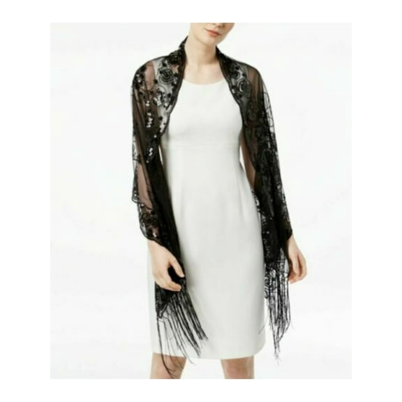 INC Black Sequined Fringe Wrap Evening Scarf