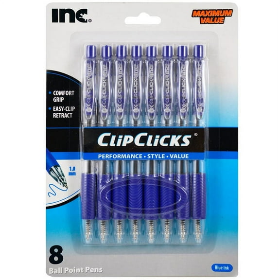 INC. Clip Click Ball Point Pens, Comfort Grip, 1.0 mm, Blue Ink, 8 Count